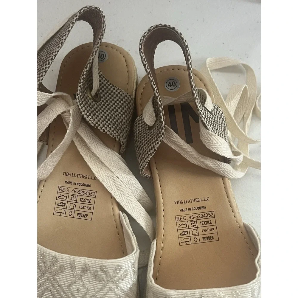 Vida Leather Off White Shimmery Espadrilles Ankle Tie Size 40 US Size 9 New